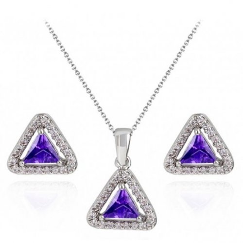 Bermuda háromszög ezüst szett  , lila kristályokkal