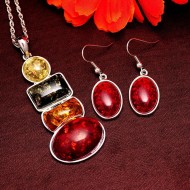 Ezüst szett zöld,narancs, sárga és piros borostyánnal