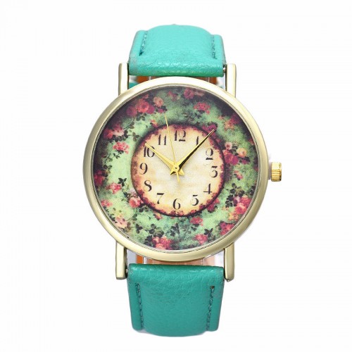Ceas Spring Floral curea turcuoaz cadran auriu